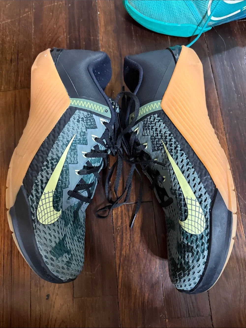 Nike Kids Gray Mesh Sneakers with Green Camouflage and Yellow Accents